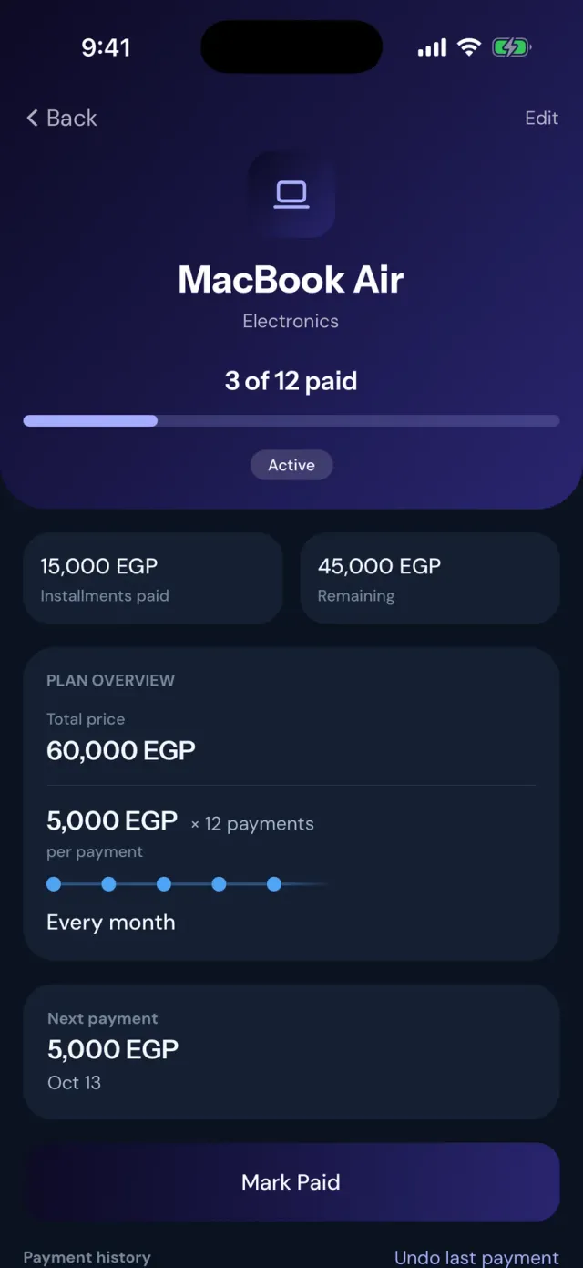 The Stay installment detail for a MacBook Air: 3 of 12 paid, 15,000 EGP paid, 45,000 EGP remaining, with the next payment and a Mark Paid button.