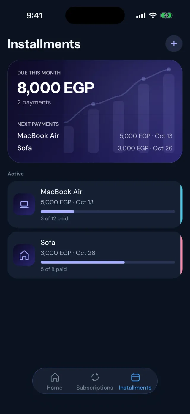 The Stay Installments screen in dark mode with a MacBook Air plan at 3 of 12 paid and a Sofa plan at 5 of 8 paid.