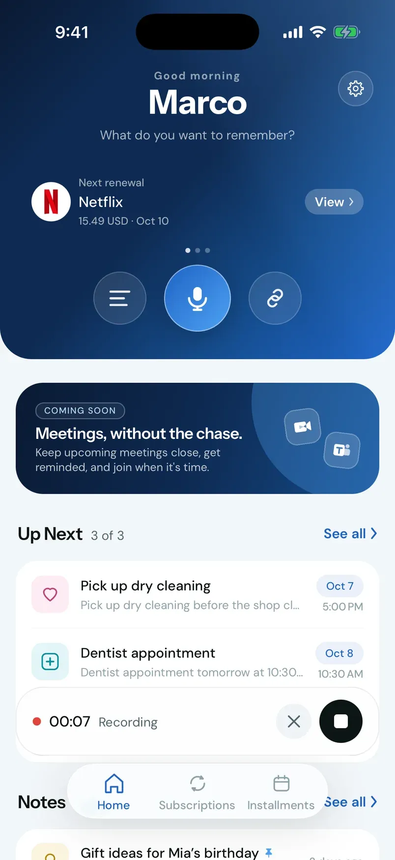 Stay on Home recording a voice capture, with a timer, a cancel button, and a stop button.