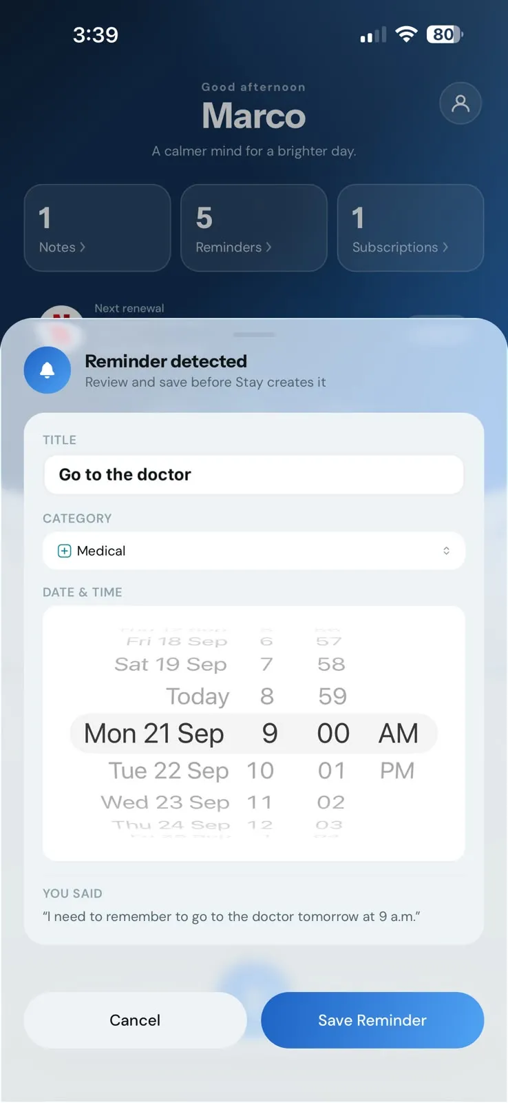 Stay’s “Reminder detected” sheet showing the title “Go to the doctor”, category Medical, and a date and time to review, with Cancel and Save Reminder buttons.