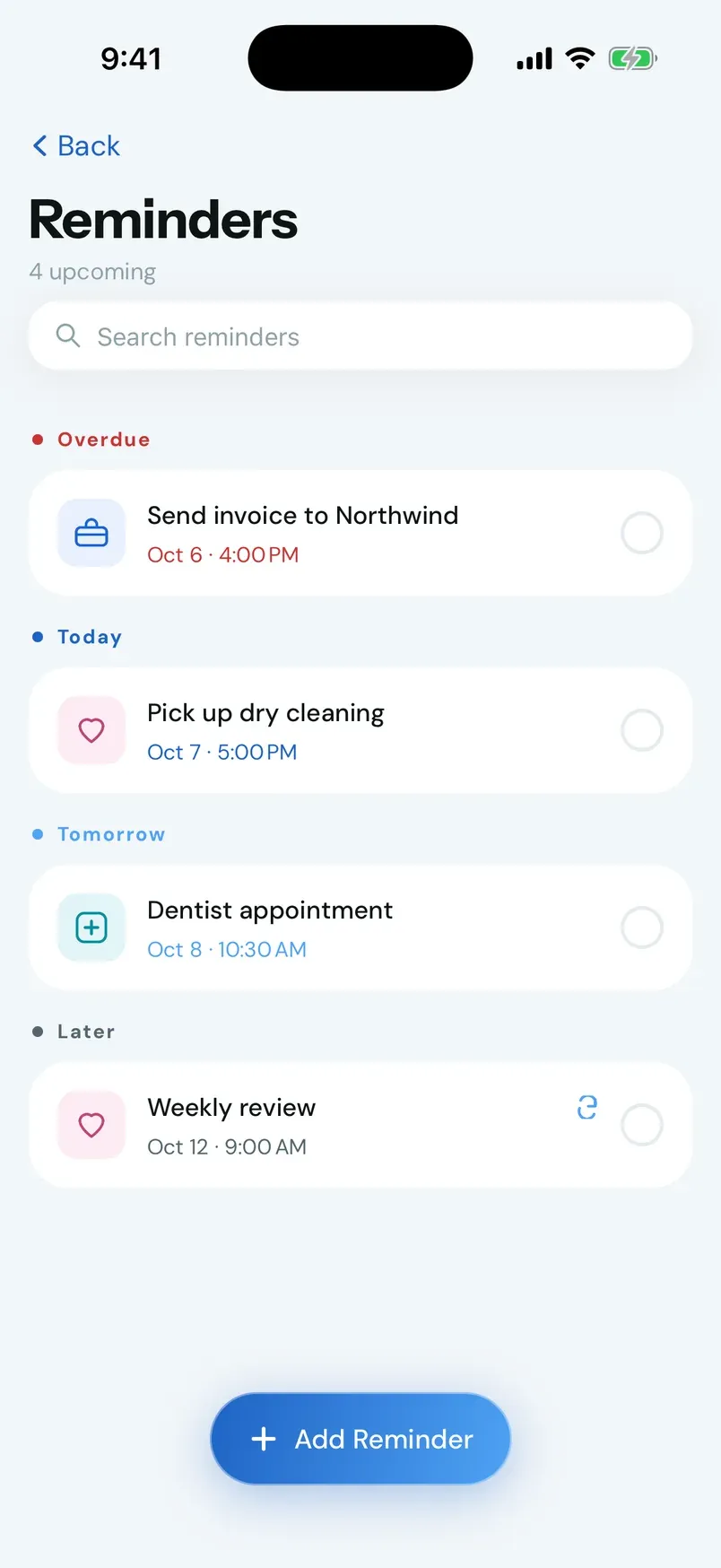 The Stay Reminders screen with reminders grouped as Overdue, Today, Tomorrow, and Later.