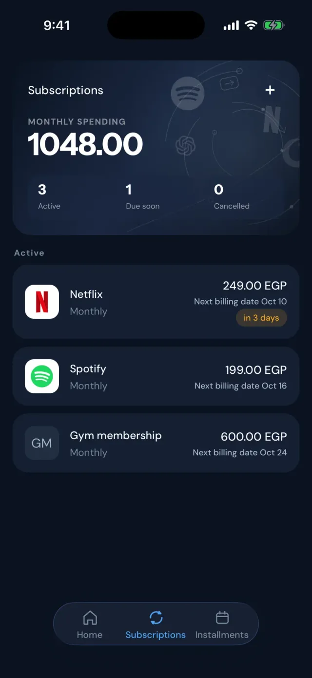 The Stay Subscriptions screen in dark mode: monthly spending of 1048 EGP, with Netflix, Spotify, and a gym membership.