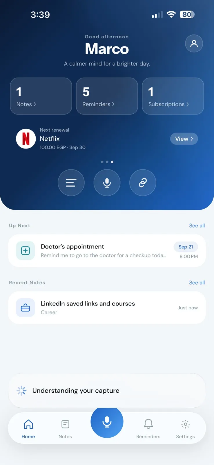 Stay showing “Understanding your capture” at the bottom of the Home screen.